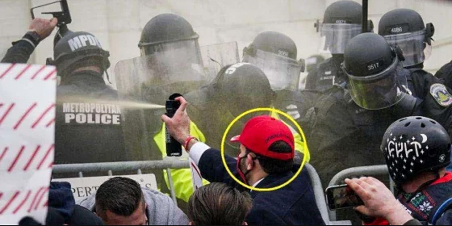 A supporter of Donald Trump assaults police with bear spray during the January 6 attack on the U.S Capitol. (DOJ Photo)