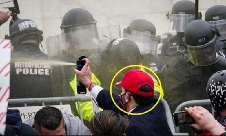 A supporter of Donald Trump assaults police with bear spray during the January 6 attack on the U.S Capitol. (DOJ Photo)